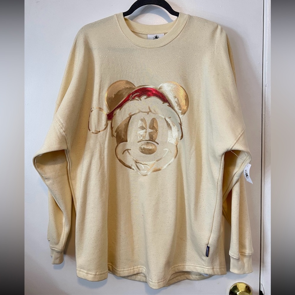 Disney Disneyland Spirit Jersey Cream with Gold and Red Mickey Christmas Design